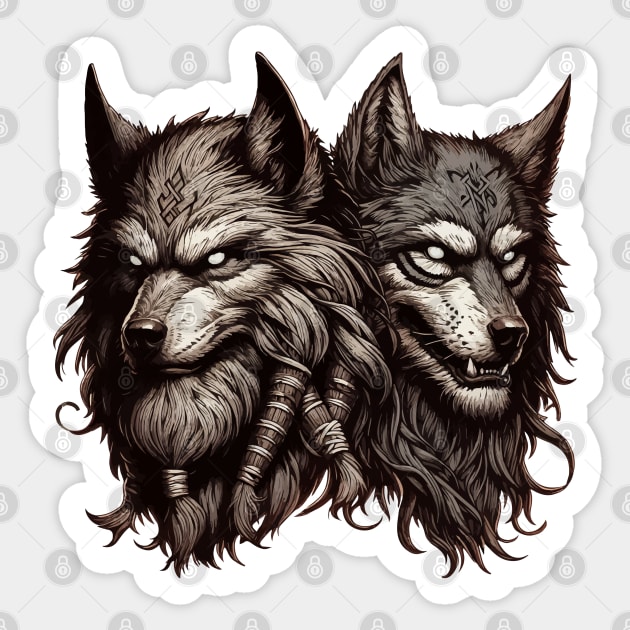 Two Wolfs Norse Mythology Viking Warrior Sticker by TomFrontierArt